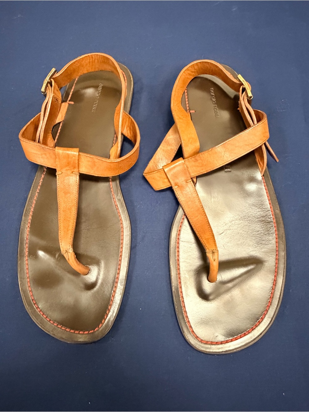 Sergio Rossi Leather Thong Slingback Sandals Tan Orange T-Strap